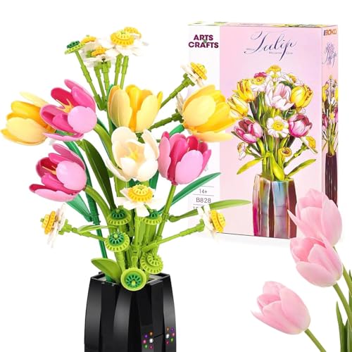 wanweimei Tulpen Blumenstrauß Bausteine Set, Künstliche Blumen Bausatz mit Vase, DIY Botanik-Kollektion Hausdeko Geschenk, Geeignet für Erwachsen, Sie & Ihn (1250 Teilige) von wanweimei