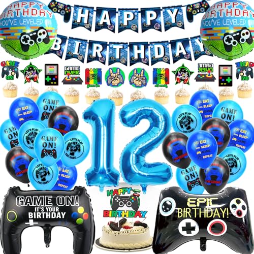 WAZIWE Gamer Deko 12 Geburtstag Junge, Folienballon Geburtstag 12 Jahre Junge, Luftballons 12. Geburtstag Junge, Geburtstagsdeko 12 Jahre Junge Set, Luftballons Geburtstag Junge Blau von waziwe