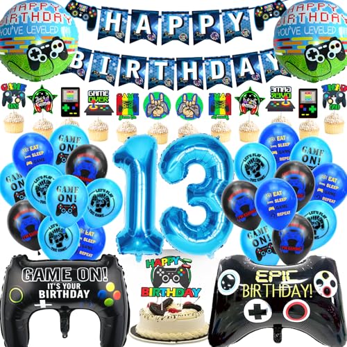WAZIWE Gaming Deko Geburtstag Junge, Geburtstagsdeko Jungen 13 jahre beinhaltet Ballon Girlande, Geburtstagsbanner, Tortendeko, Gamer Deko, Folienballon 13 von waziwe