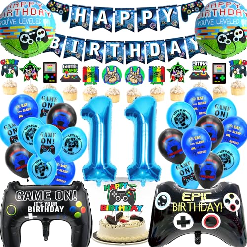 WAZIWE Gaming Deko Geburtstag Junge, Geburtstagsdeko Jungen 11 jahre beinhaltet Ballon Girlande, Geburtstagsbanner, Tortendeko, Gamer Deko, Folienballon 11 von waziwe