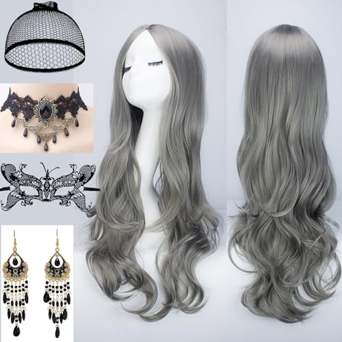 Waziwe Lang Grau Perücke für Damen 68cm Synthetik Fasern Langhaar Perücke mit Haarnetz für Halloween kostüm Damen, Cosplay, Maskerade, Karneval, Weihnachten, Fasching(Grau) von waziwe