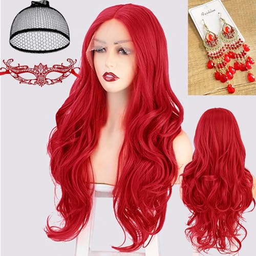 Waziwe Lang Rot Perücke für Damen 68cm Synthetik Fasern Langhaar Perücke mit Haarnetz für Halloween kostüm Damen, Cosplay, Maskerade, Karneval, Weihnachten, Fasching(Rot) von waziwe