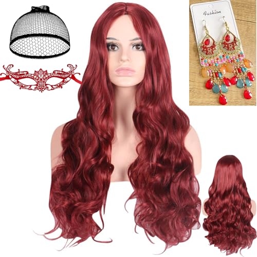 Waziwe Lang Rotwein Perücke für Damen 68cm Synthetik Fasern Langhaar Perücke mit Haarnetz für Halloween kostüm Damen, Cosplay, Maskerade, Karneval, Weihnachten, Fasching(Rotwein) von waziwe