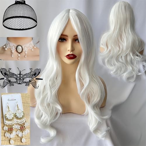 Waziwe Lang Weiße Perücke für Damen 68cm Synthetik Fasern Langhaar Perücke mit Haarnetz für Halloween kostüm Damen, Cosplay, Maskerade, Karneval, Weihnachten, Fasching(Weiße) von waziwe