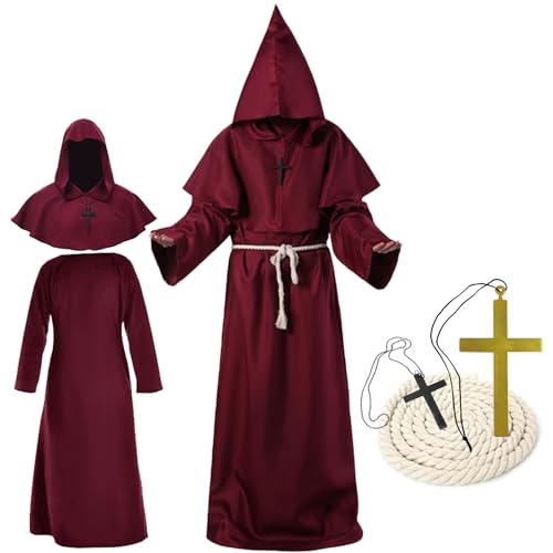 waziwe Mönchs kostüm, Priester kostüm herren, Robe Mittelalter Mönch Kutte Halloween Karneval Fasching kostüm herren mit Kapuze und Seilgürtel (Rot, XL) von waziwe