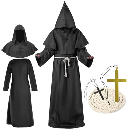 waziwe Mönchs kostüm, Priester kostüm herren, Robe Mittelalter Mönch Kutte Halloween Karneval Fasching kostüm herren mit Kapuze und Seilgürtel (Schwarz, L) von waziwe