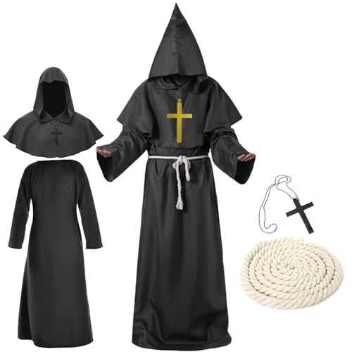 waziwe Mönchs kostüm, Priester kostüm herren, Robe Mittelalter Mönch Kutte Halloween Karneval Fasching kostüm herren mit Kapuze und Seilgürtel (Schwarz, XXL) von waziwe
