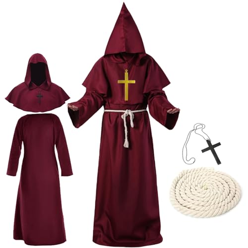 waziwe Mönchs kostüm, Priester kostüm herren, Robe Mittelalter Mönch Kutte Halloween Karneval Fasching kostüm herren mit Kapuze und Seilgürtel (Rot, XLarge) von waziwe