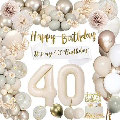 40 Geburtstag Deko Frauen,40 Geburtstag Deko Männer,40 Luftballon Geburtstagsdeko mit Happy Birthday Banner,40 Jahr Geburtstagdeko Beige Nude Gold Ballon Girlande Pompons für 40. Geburtstag Deko von weeyin