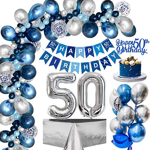 50. Geburtstag Deko, Luftballons 50.Geburtstag Männer mit Blau Silber Luftballons 50. Happy Birthday Banner, Folienballon 50.Konfetti Ballon für Männer Frauen Geburtstagsdeko 50 Jahre Mehrweg von weeyin
