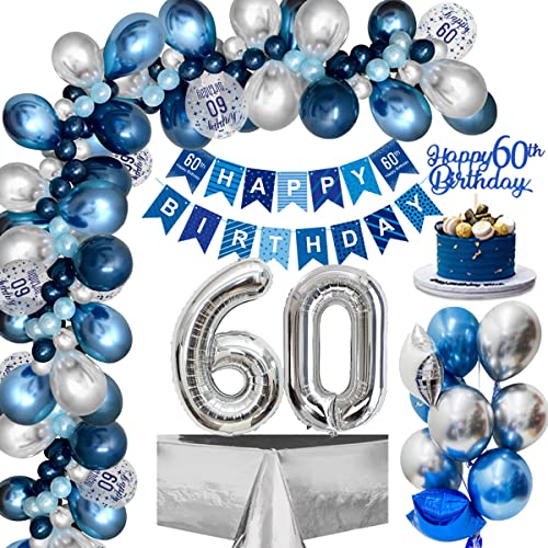 60. Geburtstag Deko, Deko 60.Geburtstag Männer mit Luftballons 60.Geburtstag Blau Silber, 60. Happy Birthday Banner, Folienballon 60.Konfetti Ballon für Männer Frauen Geburtstagsdeko 60 Jahre Mehrweg von weeyin