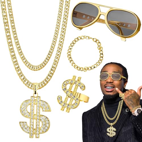 weiclianhp 4St Dollar 90er 80er 70er Jahre Outfit Herren & Glitzer Herren, Rapper Hiphop Kostüm, Bad Taste Outfit Herren für Cosplay Mottopartys Fasching Karneval Accessoires von weiclianhp
