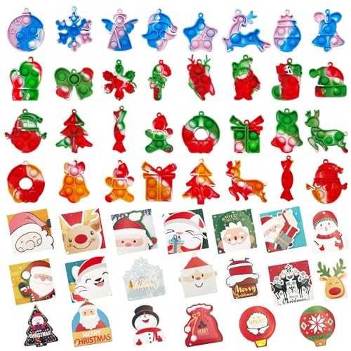 weirtoya 64 PCS Weihnachtskarte POP Spielzeug，Christbaumschmuck Schlüsselanhänger Bubble Fidget Toys Hängende Karten Weihnachtsfeier Geschenk Kinder Teenager Erwachsener von weirtoya
