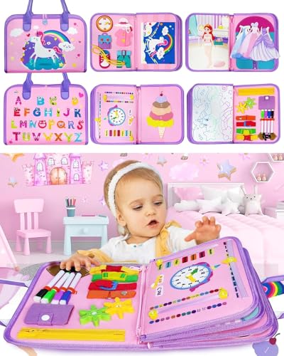 weirtoya Busy Board 8 in 1 für Kleinkinder ab 2 Jahr Activity Board Baby Sensorisches Montessori Spielzeug mit Lebenskompetenzen, Rätseln, Anziehsachen, Kleinkinder Reisespielzeug Einhorn Spielzeug von weirtoya