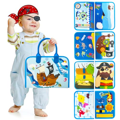 weirtoya Busy Board 8 in 1 für Kleinkinder ab 2 Jahr Activity Board Baby Sensorisches Montessori Spielzeug mit Lebenskompetenzen, Rätseln, Anziehsachen, Kleinkinder Reisespielzeug Piratenspielzeug von weirtoya