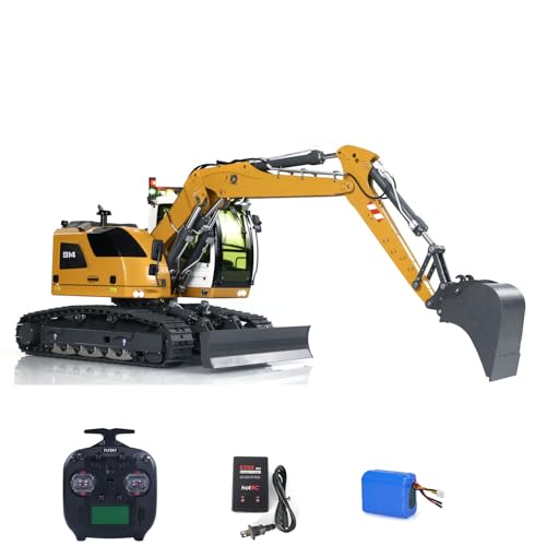 Wheelfun-1/14 Funkgesteuerter hydraulischer Bagger LR 914: 5-Wege-Ventil Ready-to-Run (RTR). Motor ESC Servomotor Licht Sound. ST8-Funksteuerung 3S 5000mAh Batterieladegerät. Gelb und Weiß lackiert. von wheelfun