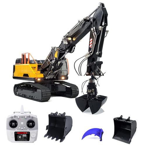 wheelfun MTM 1/14 RC Hydraulischer Kettenbagger für EC380 Metall 3 Arme RC Elektrobagger Modell Clamshell Bucket Ripper AT9S Controller (Gelb) von wheelfun