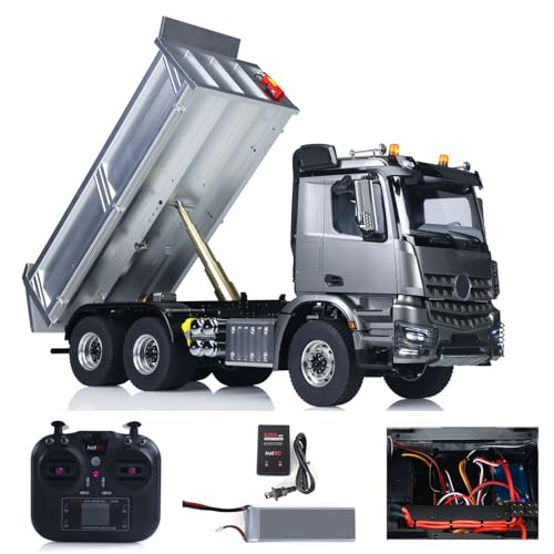 wheelfun Metallgehäuse-Modell RTR 1/14 RC Hydraulischer Dumper 2-Gang-Fernbedienung, Kipper, Auto, 3 Achsen, ohne Verriegelung, Differentialachse, Funkbatterie, Hobby-Modell, für Erwachsene (grau) von wheelfun