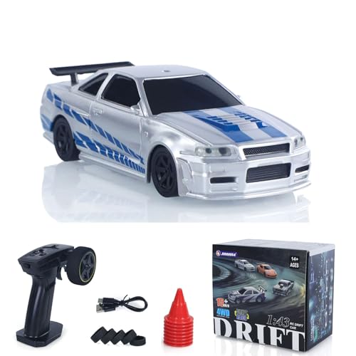 wheelfun 1:43 RC Rennwagen R34 Radio gesteuerte Hochgeschwindigkeits-Drift-Fahrzeug 4WD RTR Mini Modell 2,4G Batterie für Kinder von wheelfun