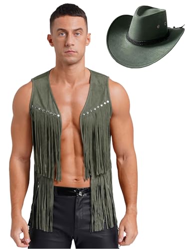 winying 60er 70er Jahre Hippie Kostüm Herren Westen Cowboy Fransenweste und Hut Festival Kleidung im Wildleder Look Halloween Cosplay Karneval Armeegrün M winying 60er 70er Jahre Hippie Kostüm Herren Westen Cowboy Fransenweste und Hut Festival Kleidung im Wildleder Look Halloween Cosplay Karneval Armeegrün M von winying