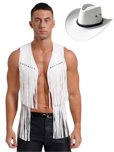 winying 60er 70er Jahre Hippie Kostüm Herren Westen Cowboy Fransenweste und Hut Festival Kleidung im Wildleder Look Halloween Cosplay Karneval Weiß M winying 60er 70er Jahre Hippie Kostüm Herren Westen Cowboy Fransenweste und Hut Festival Kleidung im Wildleder Look Halloween Cosplay Karneval Weiß M von winying