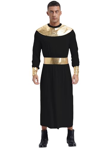 winying Ägyptischer Pharao Kostüm Herren Langarm Halloween Ramses Ägypter Pharao Glänzende Robe Halloween Fasching Mottoparty Cosplay Outfit Schwarz 3XL von winying