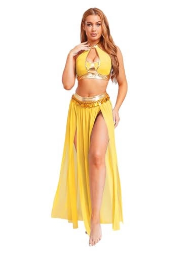 winying Bauchtanz Outfits für Frauen Neckholder Crop Top +Split Side Lange Röcke Glänzender Festival Performance Kleidung Gold L winying Bauchtanz Outfits für Frauen Neckholder Crop Top +Split Side Lange Röcke Glänzender Festival Performance Kleidung Gold L von winying