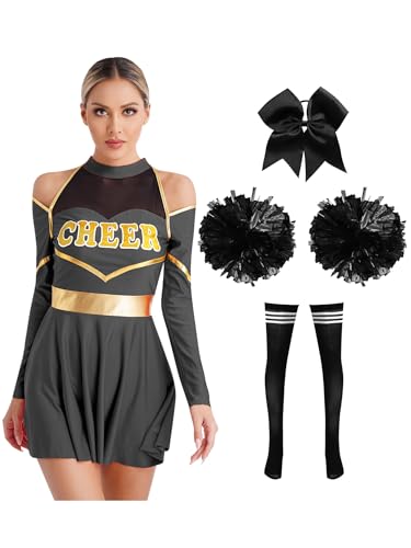 winying Cheer-Leader Kostüm Damen 4-teiliger Cheerleading Uniform Set Tanzkleider+ Pompons+Haarband +Socken für Karneval Kostüm Schwarz A S von winying