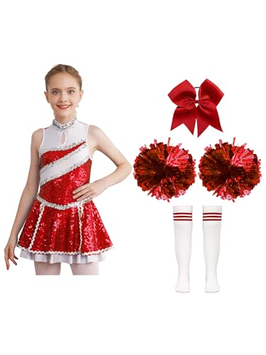 winying Cheerleadering Kostüm Kinder Mädchen Cheer Leader Schulmädchen Uniform Kleid mit Zubehör Halloween Dress Up und Rollenspiel Ein Rot 146-152 von winying
