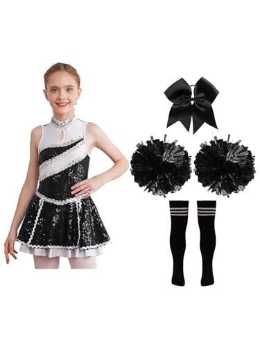 winying Cheerleadering Kostüm Kinder Mädchen Cheer Leader Schulmädchen Uniform Kleid mit Zubehör Halloween Dress Up und Rollenspiel Ein Schwarz-Weiß 134-140 von winying