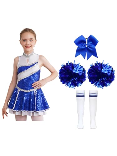 winying Cheerleadering Kostüm Kinder Mädchen Cheer Leader Schulmädchen Uniform Kleid mit Zubehör Halloween Dress Up und Rollenspiel Ein blaues 134-140 von winying