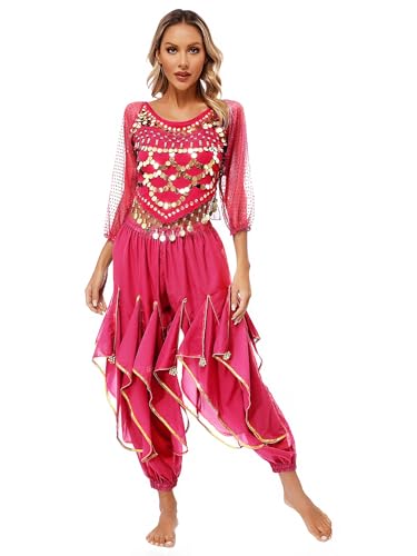winying Damen Bauchtanz Kostüm Sets Zweiteiler Indisch Arabisch Halloween Festival Karneval Outfit Professionel Festival Show Kostüme Hot Pink Einheitsgröße von winying