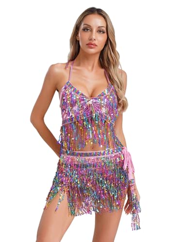 winying Damen Bauchtanz Outfit Glitzer Pailletten Bügel BH mit Hüfttuch Rock Zweiteiliger Festival Rave Kostüme für Frauen Rosa Einheitsgröße winying Damen Bauchtanz Outfit Glitzer Pailletten Bügel BH mit Hüfttuch Rock Zweiteiliger Festival Rave Kostüme für Frauen Rosa Einheitsgröße von winying