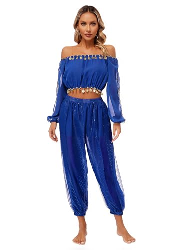 winying Damen Bauchtanz Tanz Kostüm Indien Arabische Tanzen Tribal Outfit Langarm Schulterfreies Crop Top mit Haremshose Fasching Party Kostüm Königsblau Einheitsgröße winying Damen Bauchtanz Tanz Kostüm Indien Arabische Tanzen Tribal Outfit Langarm Schulterfreies Crop Top mit Haremshose Fasching Party Kostüm Königsblau Einheitsgröße von winying