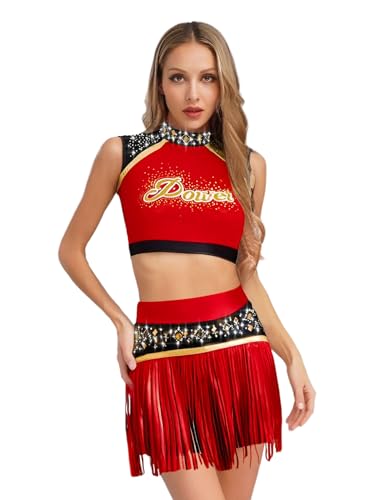 winying Damen Cheerleading Kostüm Zweiteiler Crop Tops mit Tassels Shorts Sport Schule Gruppentanz Outfits Party Halloween Kostüm Rot S winying Damen Cheerleading Kostüm Zweiteiler Crop Tops mit Tassels Shorts Sport Schule Gruppentanz Outfits Party Halloween Kostüm Rot S von winying