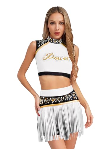 winying Damen Cheerleading Kostüm Zweiteiler Crop Tops mit Tassels Shorts Sport Schule Gruppentanz Outfits Party Halloween Kostüm Silber S winying Damen Cheerleading Kostüm Zweiteiler Crop Tops mit Tassels Shorts Sport Schule Gruppentanz Outfits Party Halloween Kostüm Silber S von winying