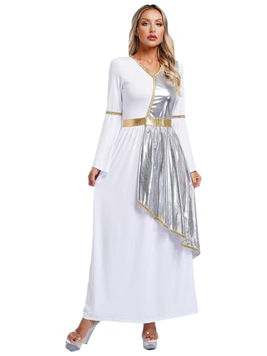 winying Damen Kostüm Griechische Göttin Langarm Antike Römerin Ägypten Königin Erwachsene Party Toga Faschnacht Karnevalskostüm Silber 3XL von winying