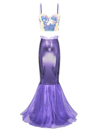 winying Damen Meerjungfrau Kostüm Halloween Mermaid Bühnenkostüme Schmetterling Crop Top Pailletten Maxirock Cosplay Karneval Lavendel und Lila L von winying
