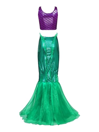 winying Damen Meerjungfrau Kostüm Halloween Mermaid Bühnenkostüme Schmetterling Crop Top Pailletten Maxirock Cosplay Karneval Lila Grün XL von winying