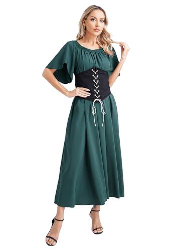 winying Damen Mittelalter Kleid Gothic Retro Langarm Partykleid Renaissance Cosplay Mittelalterliches Kostüm Viktorianischen Königin Kleid Dunkelgrün 3XL von winying