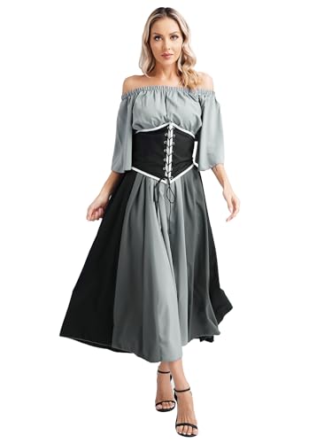 winying Damen Mittelalter Kleid Gothic Retro Langarm Partykleid Renaissance Cosplay Mittelalterliches Kostüm Viktorianischen Königin Kleid Grau 3XL von winying