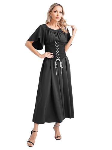 winying Damen Mittelalter Kleid Gothic Retro Langarm Partykleid Renaissance Cosplay Mittelalterliches Kostüm Viktorianischen Königin Kleid Schwarz 3XL von winying