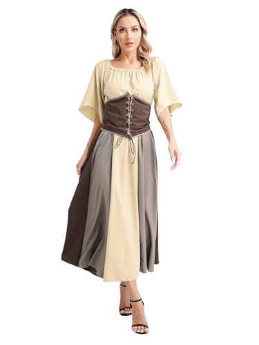 winying Damen Mittelalter Kleid Gothic Retro Langarm Partykleid Renaissance Cosplay Mittelalterliches Kostüm Viktorianischen Königin Kleid Umber XL von winying