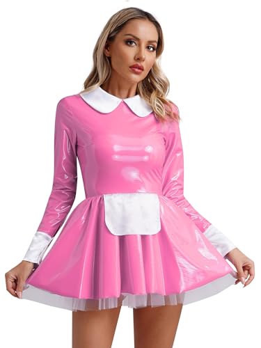 winying Damen Wetlook Dienstmädchen Kleider Lack Leder + Satin Schürze + Choker Gothic Kostüm Erotik Rollenspiel Dessous Set Rosa L 4XL von winying