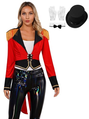 winying Damen Zirkus Ringmaster Kostüm Dompteurin Cosplay Set Langarm Samt Mantel Jacke Hut Schleife Kragen Handschuhe Zirkusdirektorin Rot C XXL von winying