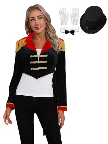 winying Damen Zirkus Ringmaster Kostüm Dompteurin Cosplay Set Langarm Samt Mantel Jacke Hut Schleife Kragen Handschuhe Zirkusdirektorin Schwarzes B L von winying