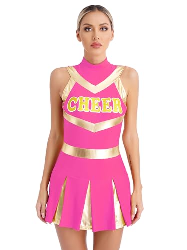 winying Frauen Schulmädchen Cheerleading Kostüme ärmelloses Rücken-Bodysuit Kleid Einteiliges Cheerleading Uniform für Halloween Fasching Karneval Hot Pink A S von winying