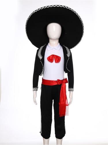 winying Halloween Kostüm Kinder Jungen Mexikanisches Tanz Performance Set Weste Hose Jacke Bund und Hut Set 5 Stück Fasching Schwarz 122-128 von winying