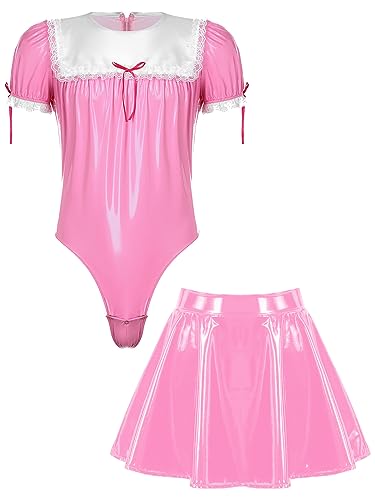 winying Herren Sissy Dienstmädchen Cosplay Kostüm Set Lackleder Body mit Rock Crossdresser Erotisch Dessous Clubwear Rosa 3XL von winying