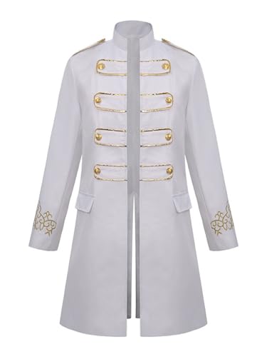 winying Herren Steampunk Vintage Frack Jacke Langarm Viktorianischen Mittelalter Mantel Gehrock Uniform Karneval Fasching Weiß XXL von winying